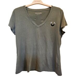 True Religion Womens XL Flocked HS Slim V Neck Tee Olive Green T Shirt